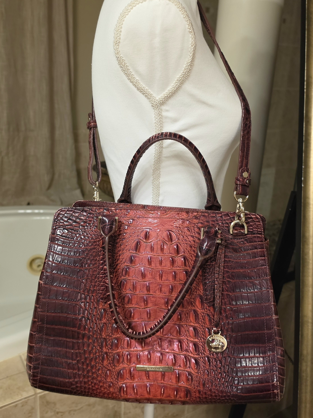Brahmin Burgundy Faux-Croc Satchel with Gold Hardware